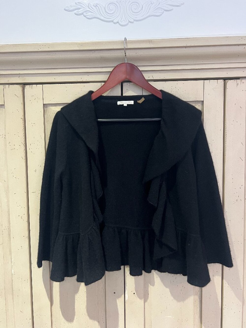 Minnie Rose 100% Cashmere Ruffle Cascade Peplum Cardigan Black XS